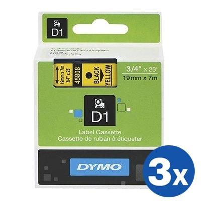 3 x Dymo SD45808 / S0720880 Original 19mm Black Text on Yellow Label Cassette - 7 meters
