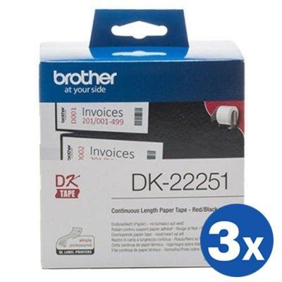3 x Brother DK-22251 DK22251 Original White Black & Red Text on White Continuous Label Roll 62mm x 15.24m
