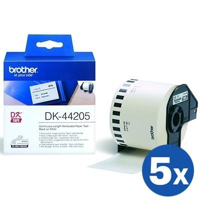 5 x Brother DK-44205 DK44205 Original Removable Black Text on White Continuous Paper Label Roll 62mm x 30.48m