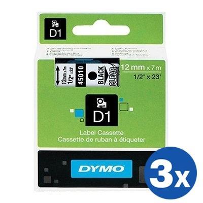 3 x Dymo SD45010 / S0720500 Original 12mm Black Text on Clear Label Cassette - 7 meters