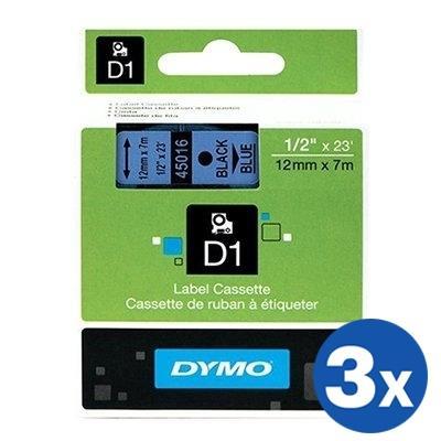 3 x Dymo SD45016 / S0720560 Original 12mm Black Text on Blue Label Cassette - 7 meters