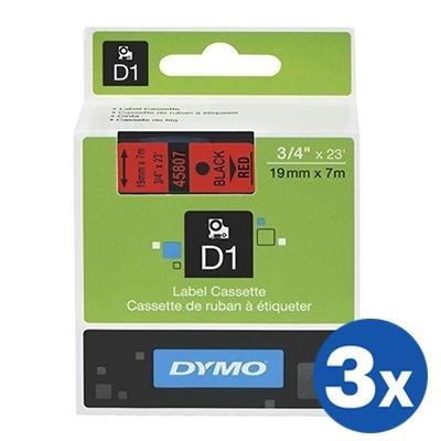 3 x Dymo SD45807 / S0720870 Original 19mm Black Text on Red Label Cassette - 7 meters