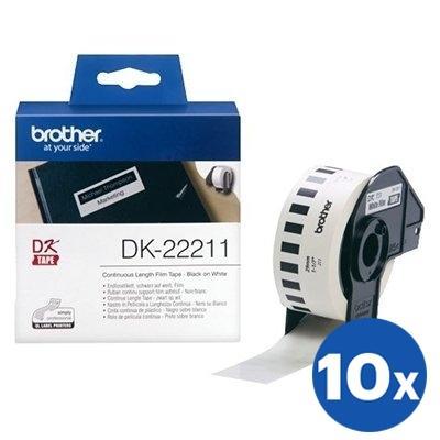 10 x Brother DK-22211 DK22211 Original Black Text on White Continuous Film Label Roll 29mm x 15.24m