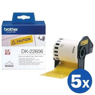 5 x Brother DK-22606 DK22606 Original Black Text on Yellow Continuous Film Label Roll 62mm x 15.24m
