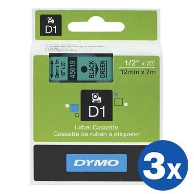 3 x Dymo SD45019 / S0720590 Original 12mm Black Text on Green Label Cassette - 7 meters