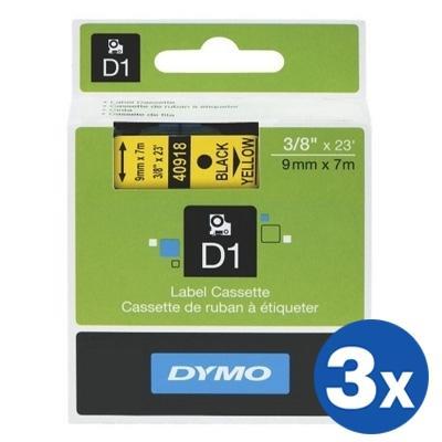 3 x Dymo SD40918 / S0720730 Original 9mm Black Text on Yellow Label Cassette - 7 meters