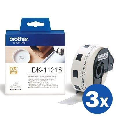 3 x Brother DK-11218 DK11218 Original Black Text on White 24mm Diameter Die-Cut Paper Label Roll - 1000 labels per roll