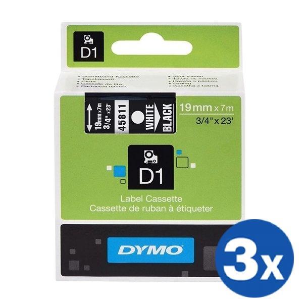 3 x Dymo SD45811 / S0720910 Original 19mm White Text on Black Label Cassette - 7 meters