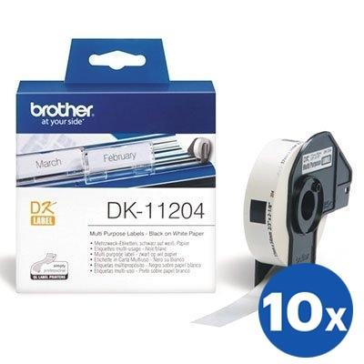 10 x Brother DK-11204 DK11204 Original Black Text on White Die-Cut Paper Label Roll 17mm x 54mm - 400 labels per roll