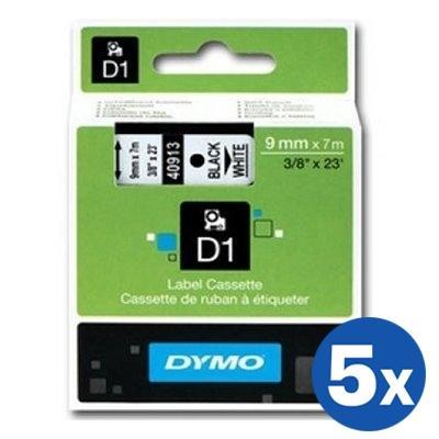 5 x Dymo SD40913 / S0720680 Original 9mm Black Text on White Label Cassette - 7 meters