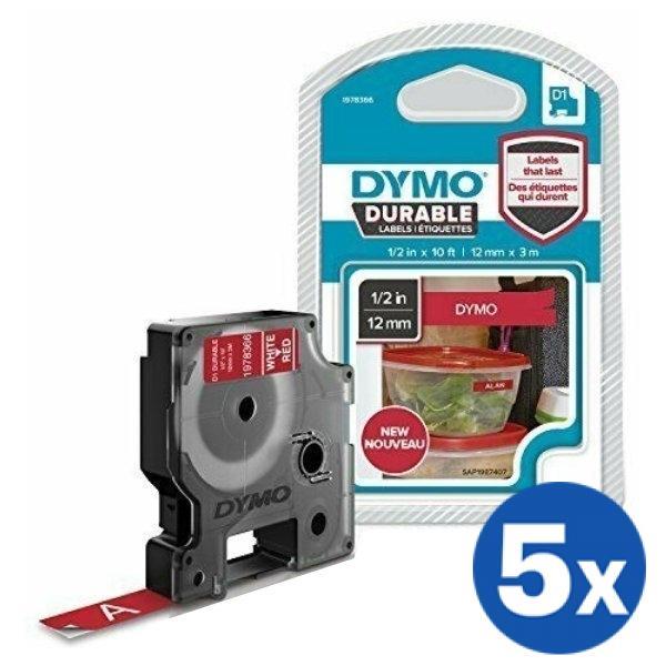 5 x Dymo SD1978366 Original 12mm x 3m White On Red D1 Durable Label Tape