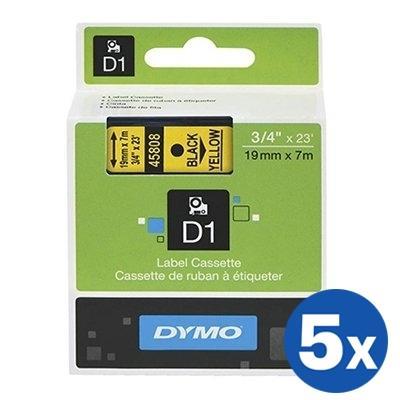 5 x Dymo SD45808 / S0720880 Original 19mm Black Text on Yellow Label Cassette - 7 meters