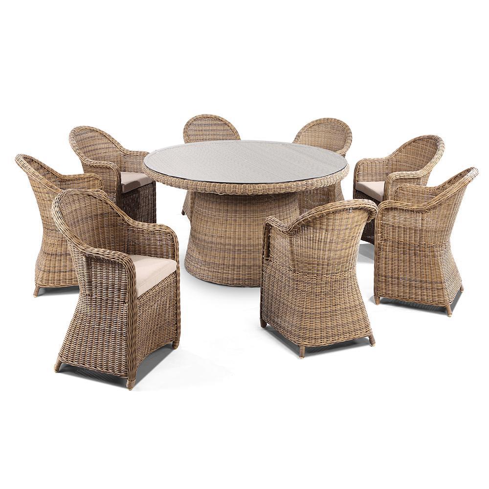 Plantation 8 Seater Outdoor Wicker Round Patio Dining Table And Chairs Setting - Outdoor Wicker Dining Settings