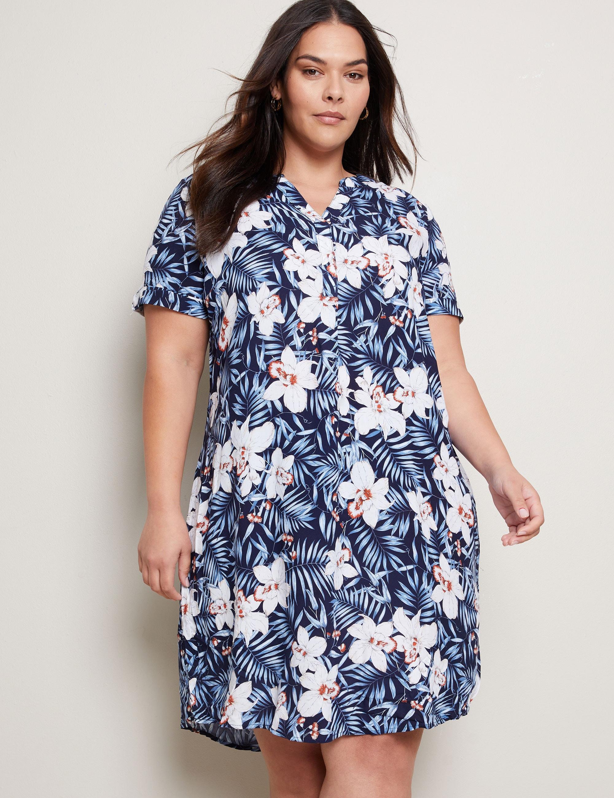 AUTOGRAPH - Plus Size - Womens Midi Dress - Blue - Summer Floral Shirt Dresses - Navy Orchid - Short Sleeve - Florals - Relaxed Fit Women's Clothing