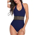 Vicanber Women Plain One Piece Bikini Beachwear Swimwear Bathing Suit Holiday Swimsuit (Navy Blue,L)