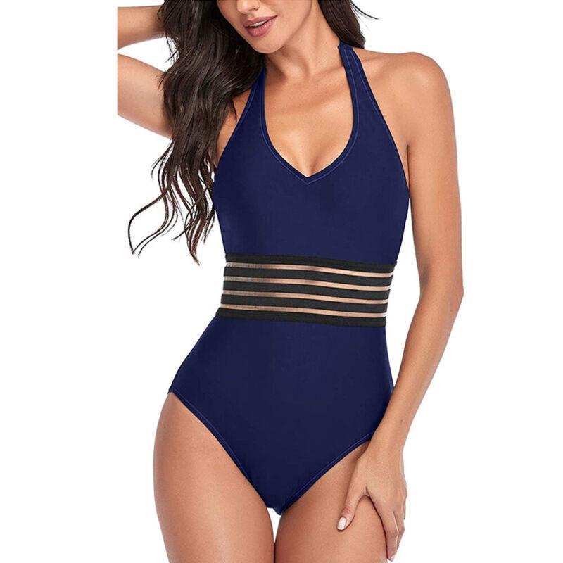 Vicanber Women Plain One Piece Bikini Beachwear Swimwear Bathing Suit Holiday Swimsuit (Navy Blue,2XL)