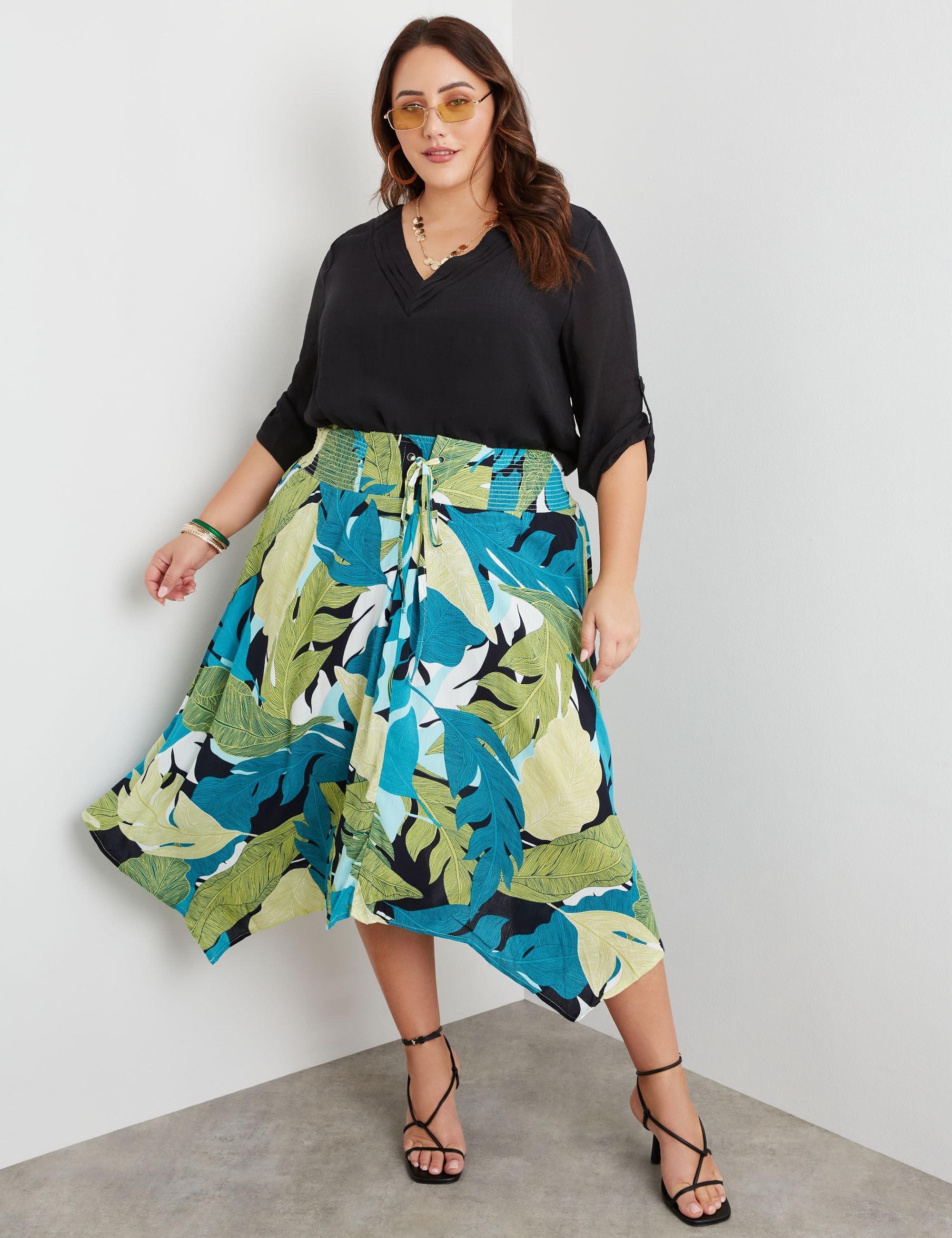 BeMe - Plus Size - Womens Skirts - Midi - Winter - Green - A Line - Work Clothes - Tropical Leaf - Oversized - Hanky Hem - Knee Length - Casual Fahion