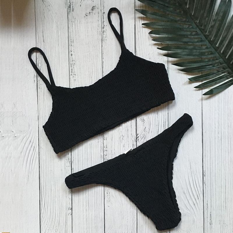 Vicanber Womes Brazilian Crinkle Bikini Bandage Swimwear Beach Swimming Costume (Black,L)