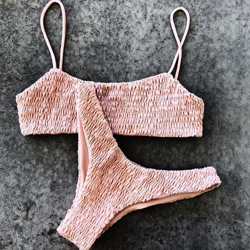 Vicanber Womes Brazilian Crinkle Bikini Bandage Swimwear Beach Swimming Costume (Pink,L)