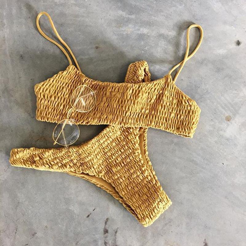 Vicanber Womes Brazilian Crinkle Bikini Bandage Swimwear Beach Swimming Costume (Yellow,S)