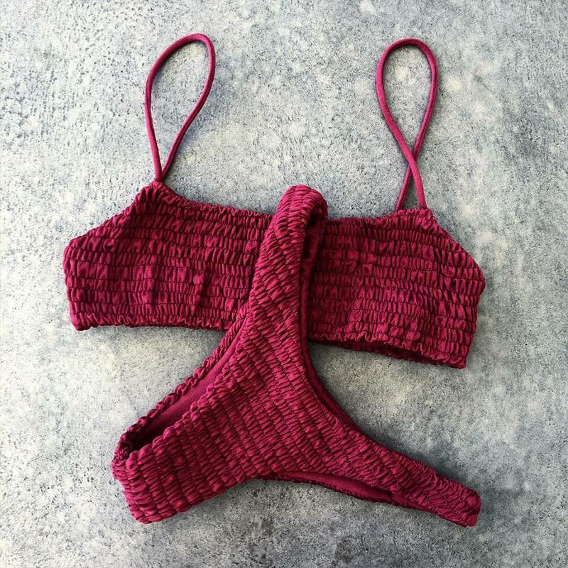 Vicanber Womes Brazilian Crinkle Bikini Bandage Swimwear Beach Swimming Costume (Red,S)