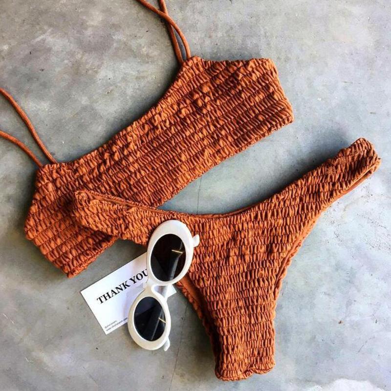 Vicanber Womes Brazilian Crinkle Bikini Bandage Swimwear Beach Swimming Costume (Orange,S)