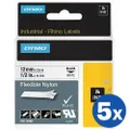 5 x Dymo SD18488 Original 12mm Black Text on White Flexible Nylon Industrial Rhino Label Cassette - 3.5 meters