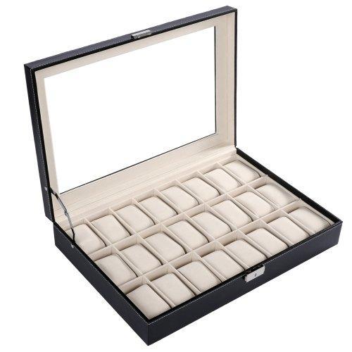 24 Slot PU Leather Jewelry Holder Watch Box Storage Organizer Display Case Black