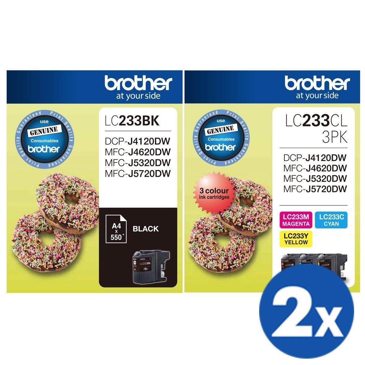 2 x Original Brother LC-233BK LC233BK + LC-233CL3PK Ink Combo [2BK+2C+2M+2Y]