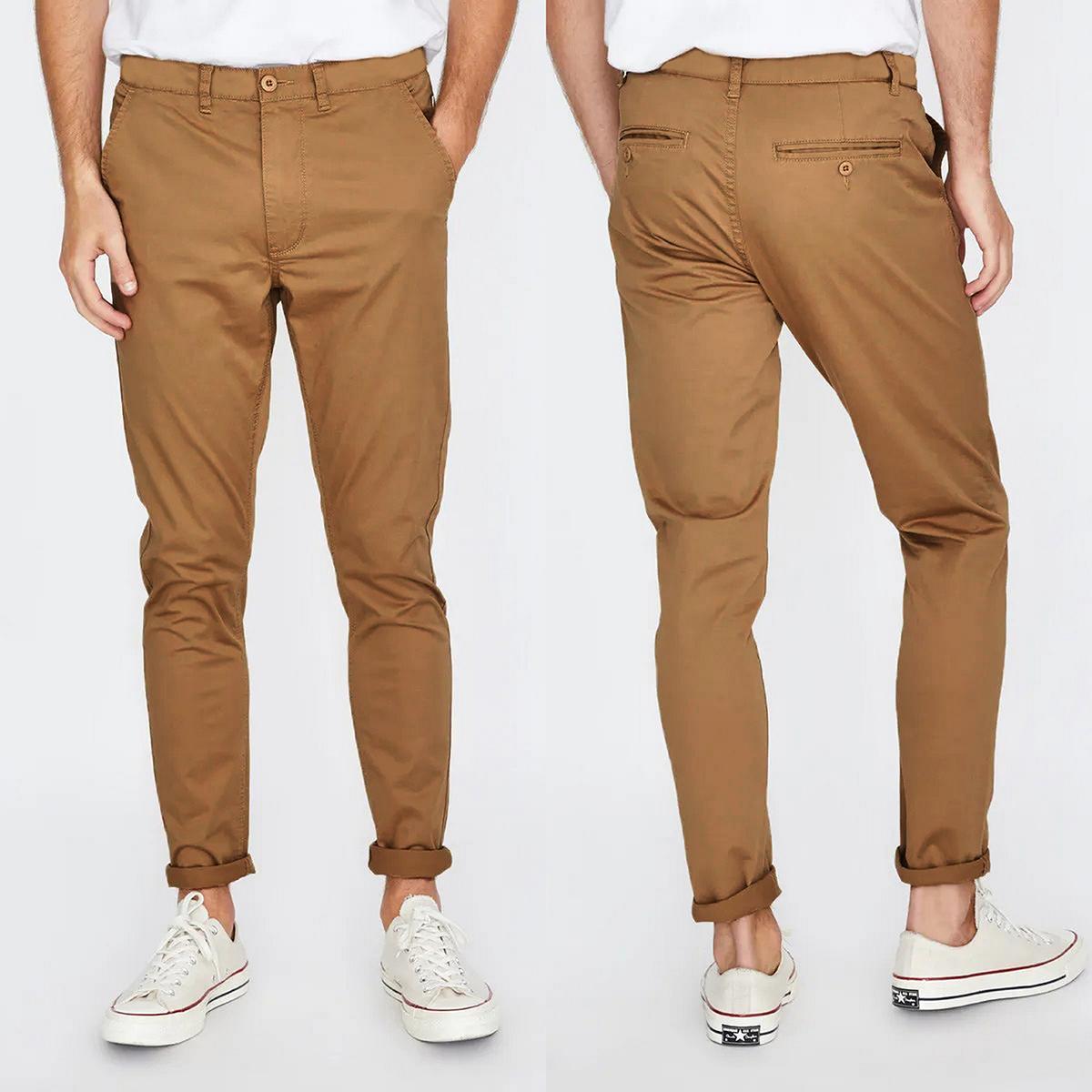 Men's Cotton Chino Stretch Slim Fit Pants Skinny Casual Buniness Skinny Trousers - Khaki, 28