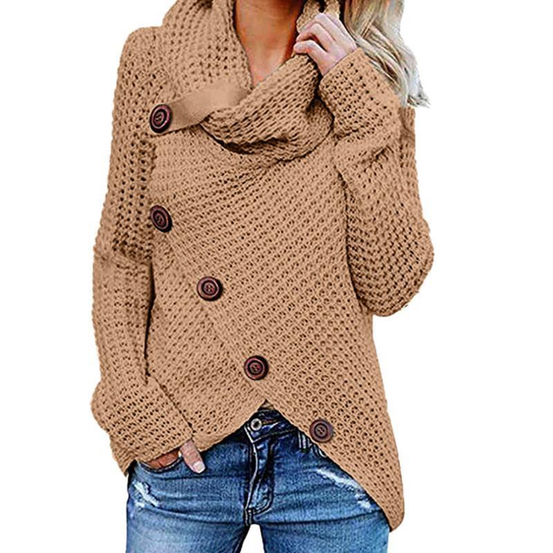 Cowl Neck Sweater - Caramel - Solid Colour Chunky Button Pullover Sweater Turtle Cowl Neck Asymmetric Hem Knit Sweater