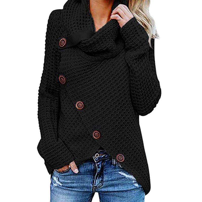Cowl Neck Sweater - Black - Solid Colour Chunky Button Pullover Sweater Turtle Cowl Neck Asymmetric Hem Knit Sweater