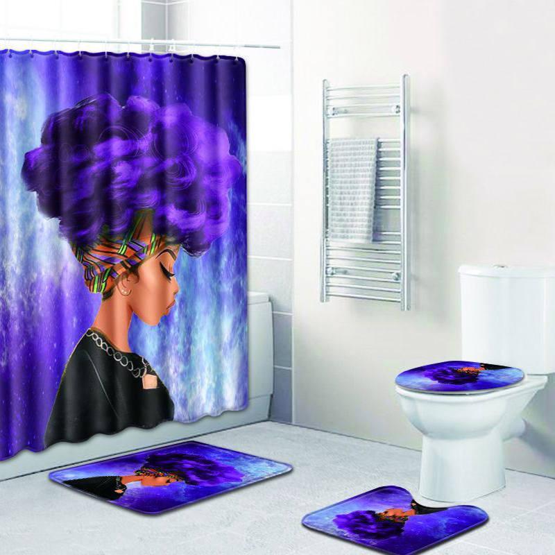 4 Pcs Set Creative Colorful Printing Toilet Pad Cover Bath Mat Shower Curtain Set (7, 45x75)