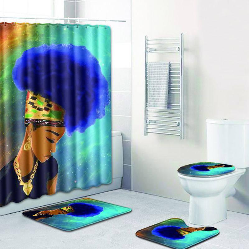 4 Pcs Set Creative Colorful Printing Toilet Pad Cover Bath Mat Shower Curtain Set (8, 45x75)