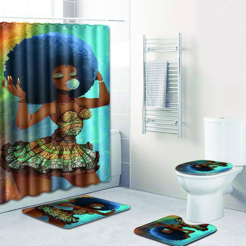 4 Pcs Set Creative Colorful Printing Toilet Pad Cover Bath Mat Shower Curtain Set (9, 45x75)