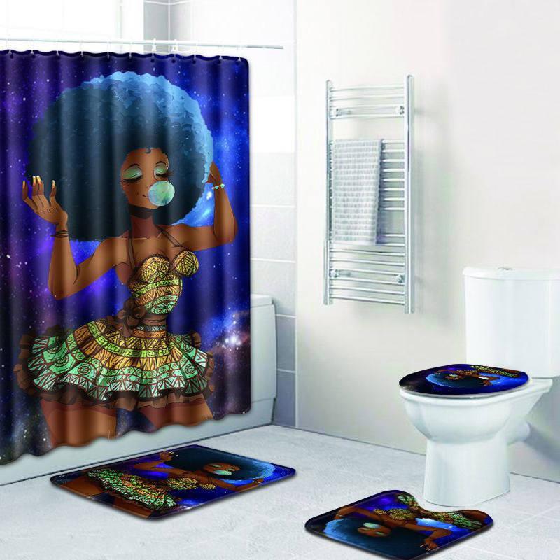 4 Pcs Set Creative Colorful Printing Toilet Pad Cover Bath Mat Shower Curtain Set (10, 50x80)