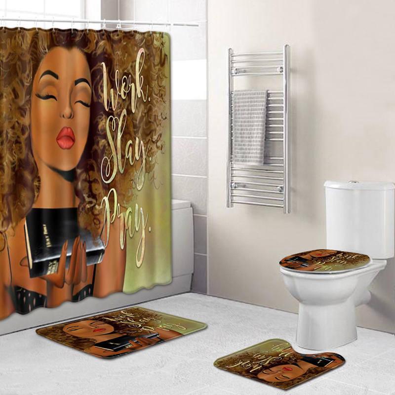 4 Pcs Set Creative Colorful Printing Toilet Pad Cover Bath Mat Shower Curtain Set (11, 45x75)