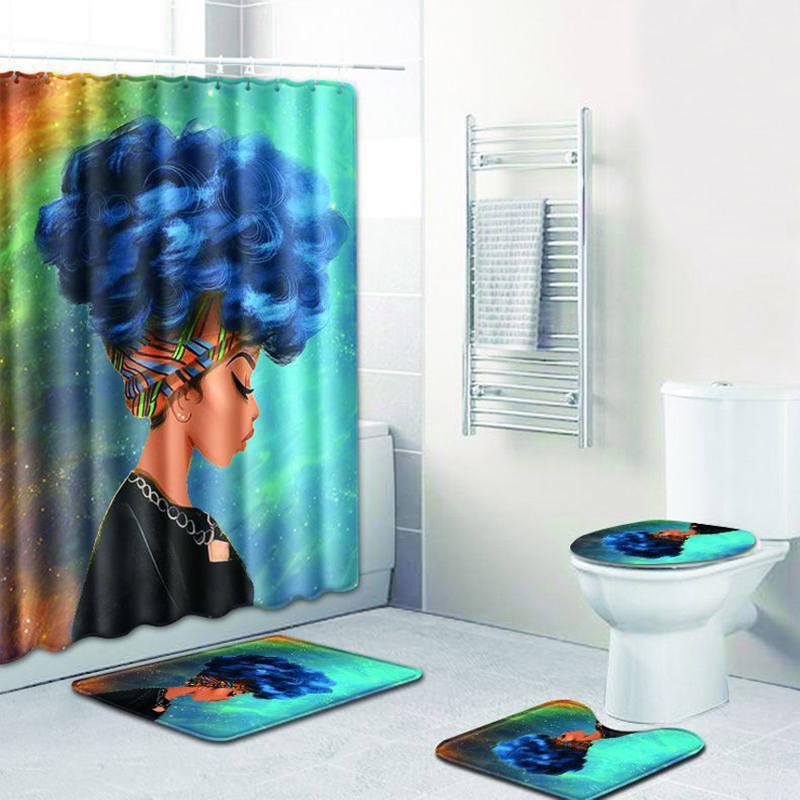 4 Pcs Set Creative Colorful Printing Toilet Pad Cover Bath Mat Shower Curtain Set (1, 45x75)