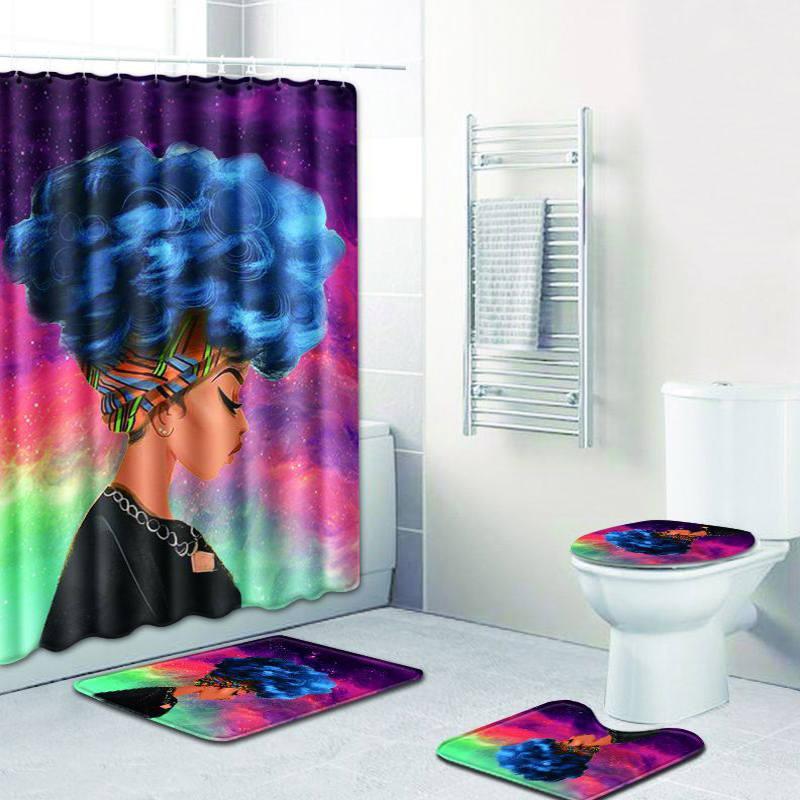 4 Pcs Set Creative Colorful Printing Toilet Pad Cover Bath Mat Shower Curtain Set (2, 50x80)