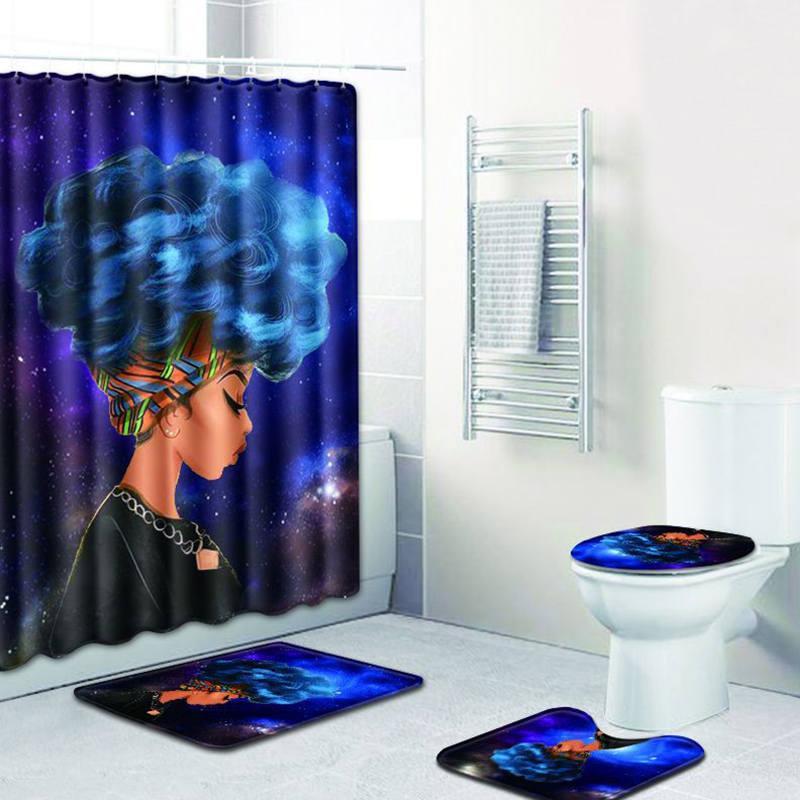 4 Pcs Set Creative Colorful Printing Toilet Pad Cover Bath Mat Shower Curtain Set (3, 45x75)