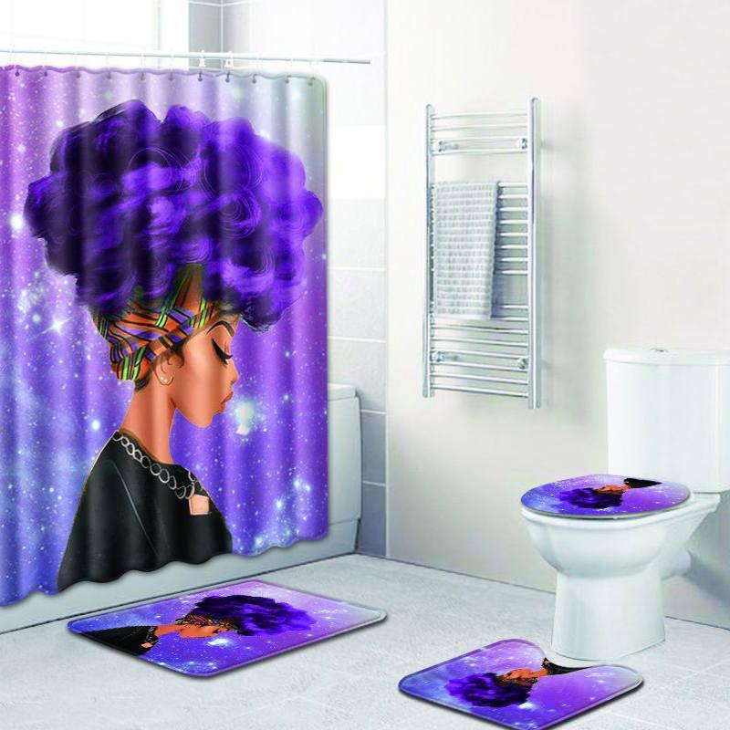 4 Pcs Set Creative Colorful Printing Toilet Pad Cover Bath Mat Shower Curtain Set (4, 45x75)