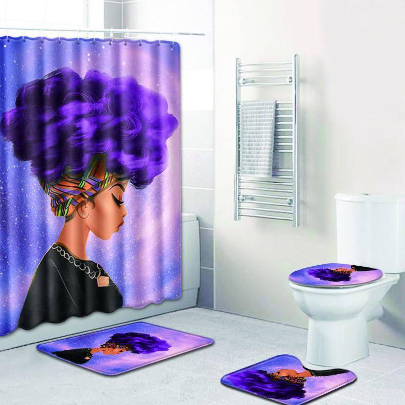 4 Pcs Set Creative Colorful Printing Toilet Pad Cover Bath Mat Shower Curtain Set (5, 45x75)