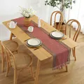 Double Layer Linen Table Runners with Fringe for Kitchen Home Decoration (Red, 38X180cm)