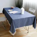 Faux Linen Tablecloth with Lace Trim Household Table Cloth (Navy, 140X140cm)
