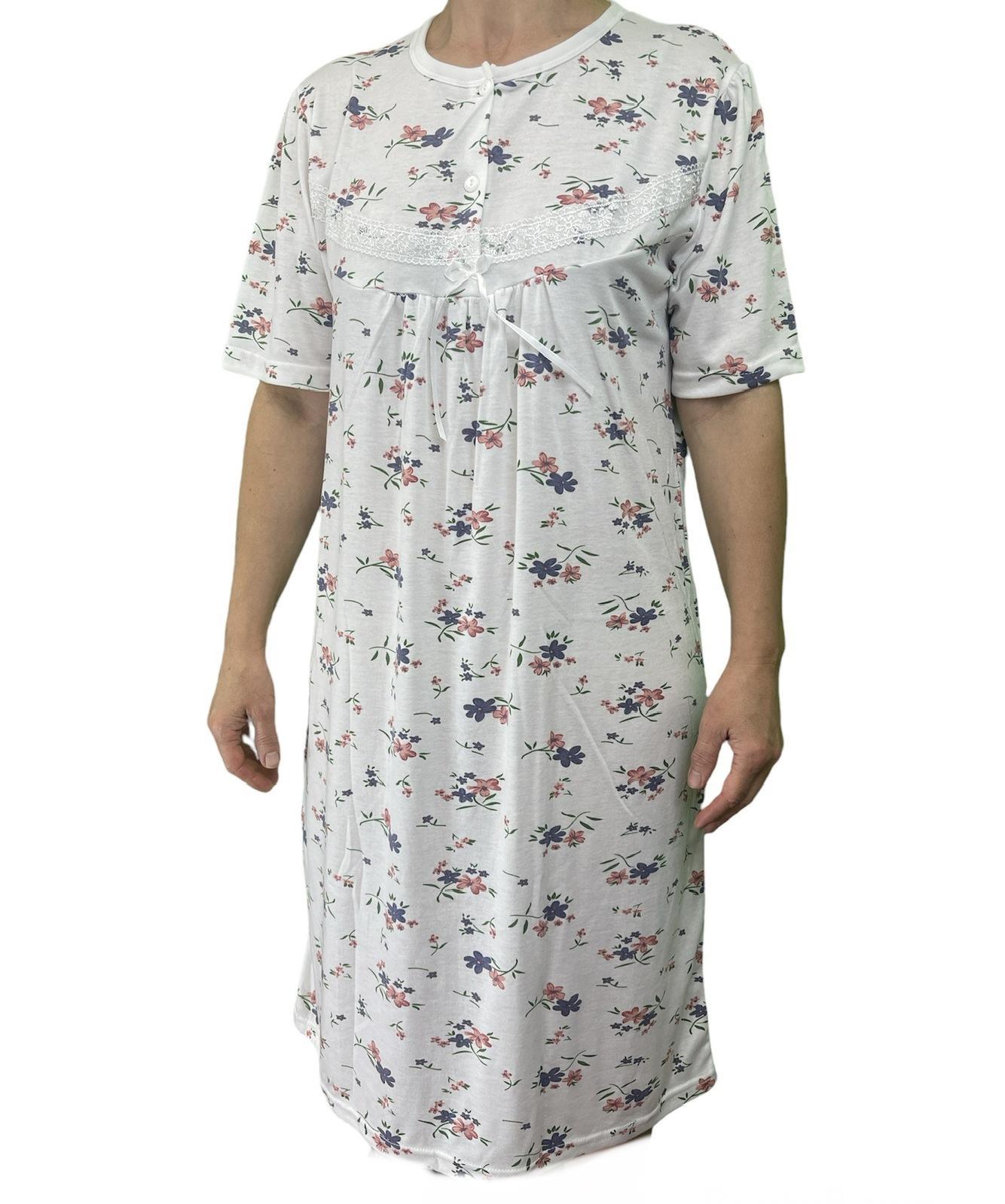 Womens Ladies Cotton Nightie Night Gown Slip Petticoat PJs Sleepwear Dress - White/Pink - 22