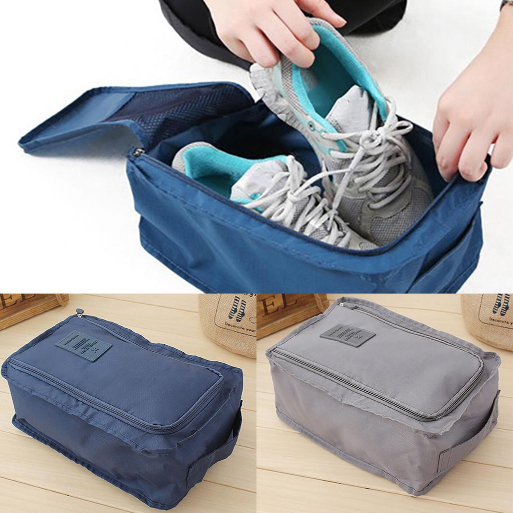 2pcs Household Travel Shoes Organizer Nylon Zip Bag Gray and Dark Blue