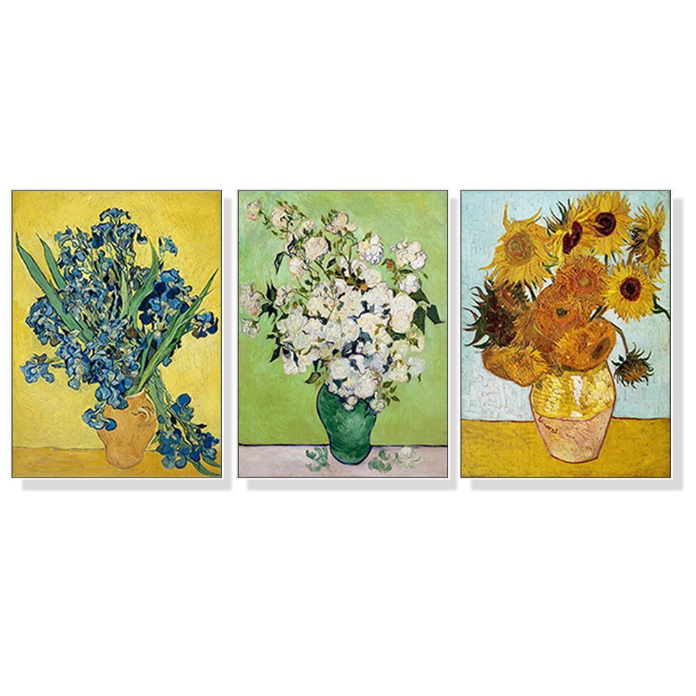 Van Gogh sunflowers Roses 3 sets White Frame Canvas Wall Art Home Decor