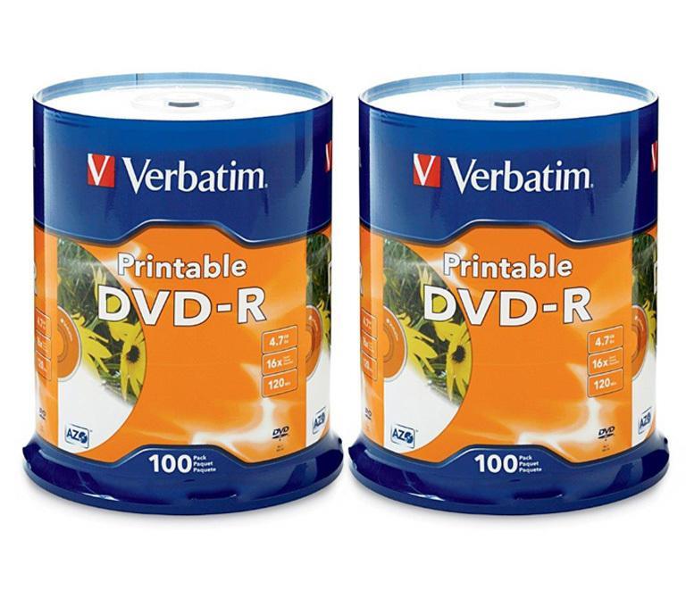 200 x Verbatim blank DVD-R 16x 4.7GB - White Inkjet Printable DVD Discs