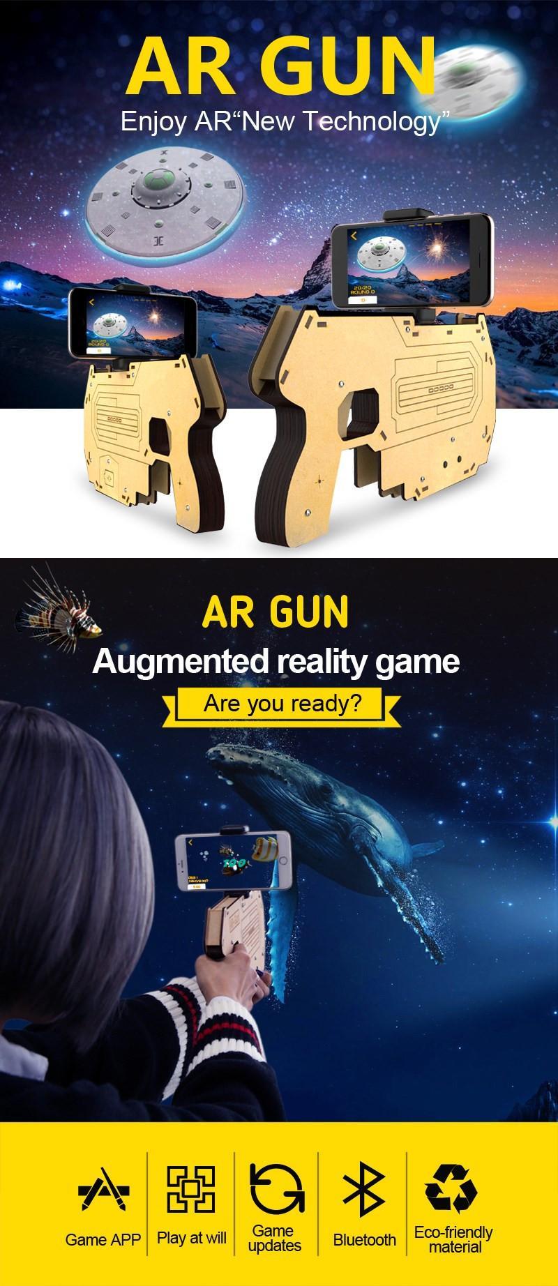 DIY Wooden 3D Reality AR Games Bluetooth Toy Gun with Cell Phone Stand Holder for iPhone 7 Samsung