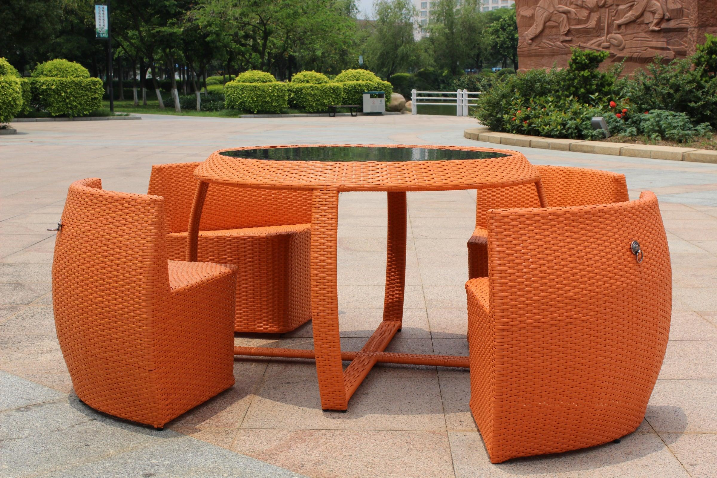 Outdoor Deluxe Table Chair Set Wicker Compactable Lounge Bistro Patio Garden Glass Top - Orange